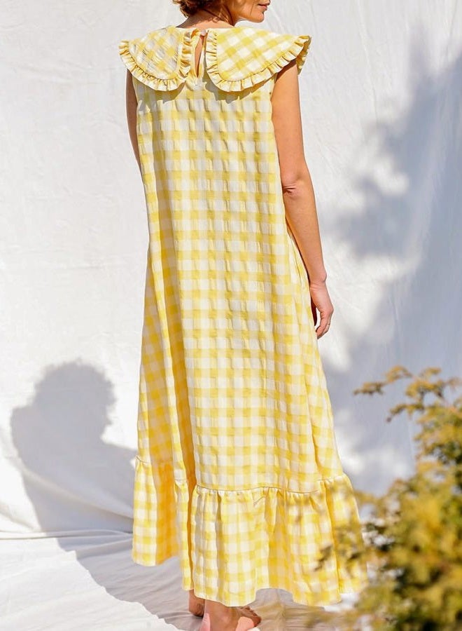 HOULENGS Women's Summer Sleeveless Gingham Plaid Ruffle Maxi Dress Cute Peter Pan Collar Flowy Beach Long Dress with Pockets, Yellow, L - Image 3