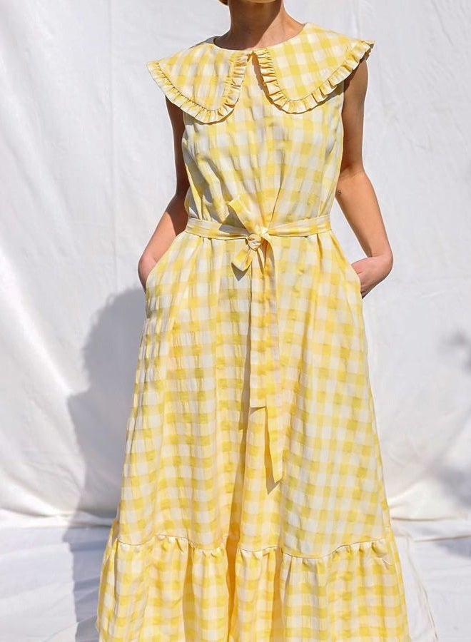 HOULENGS Women's Summer Sleeveless Gingham Plaid Ruffle Maxi Dress Cute Peter Pan Collar Flowy Beach Long Dress with Pockets, Yellow, L - Image 2