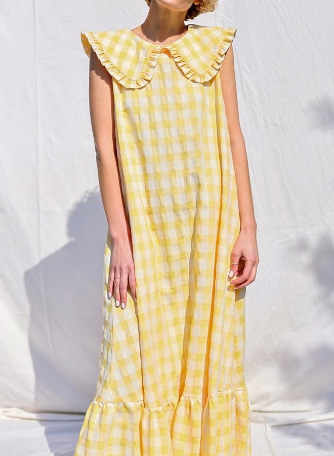 HOULENGS Women's Summer Sleeveless Gingham Plaid Ruffle Maxi Dress Cute Peter Pan Collar Flowy Beach Long Dress with Pockets, Yellow, L - Image 5