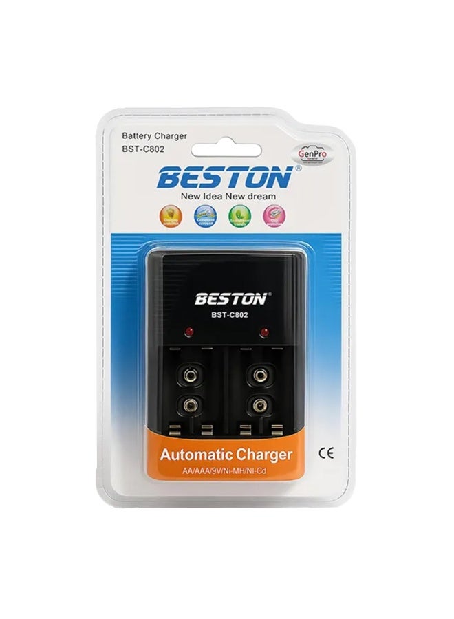 بيستون شاحن بطاريات C-802 AA و AAA و 9 فولت، شاحن ذكي بفتحتين مع مؤشرات LED، حماية من الشحن الزائد، تيار وجهد ثابتان، متوافق مع بطاريات Ni-MH/Ni-Cd القابلة لإعادة الشحن للكاميرات وأجهزة التحكم عن بعد والإلكترونيات الذكية ومشاريع DIY - Image 2