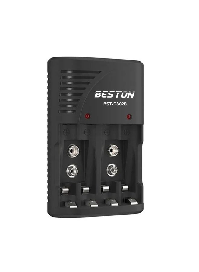 بيستون شاحن بطاريات C-802 AA و AAA و 9 فولت، شاحن ذكي بفتحتين مع مؤشرات LED، حماية من الشحن الزائد، تيار وجهد ثابتان، متوافق مع بطاريات Ni-MH/Ni-Cd القابلة لإعادة الشحن للكاميرات وأجهزة التحكم عن بعد والإلكترونيات الذكية ومشاريع DIY - Image 1