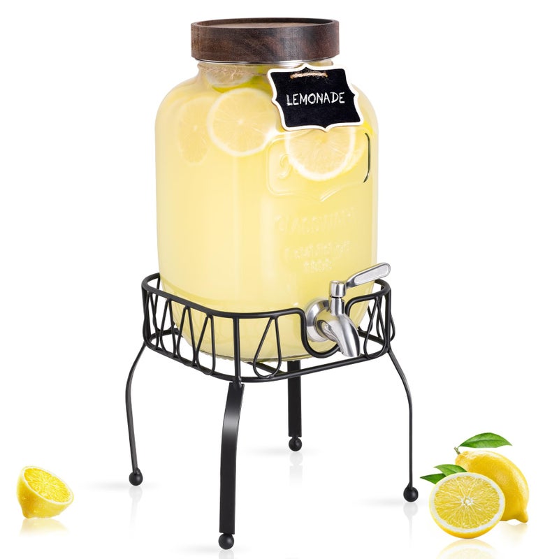 Mustry Glass Drink Dispenser for Parties 1 Gallon Beverage Dispenser with Stand and Spigot Solid Stainless Steel Used as Lemonade Dispenser Sun Tea Jar Kombucha Jar