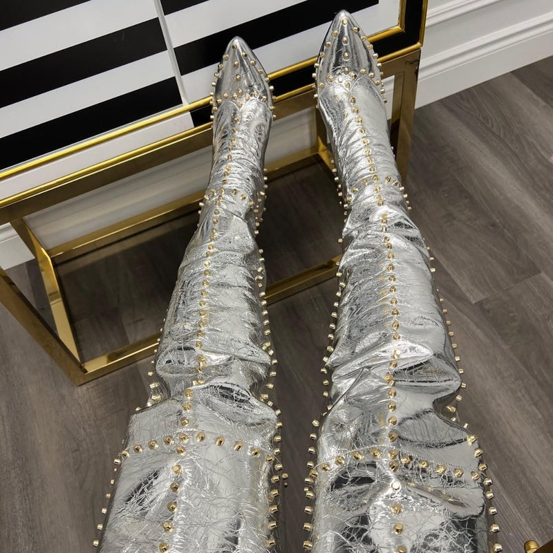 2023 أحذية موضة جديدة ذات كعب ذهبي مزخرف مدبب - Image 3