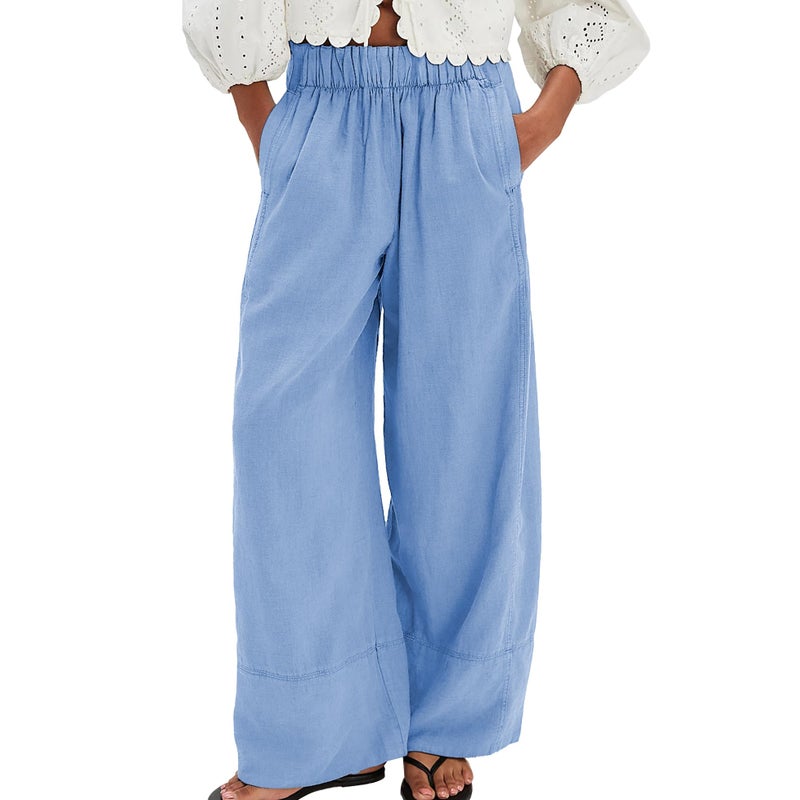 SeeLuNa Linen Pants for Women Cotton Baggy Boho Casual Palazzo Pants Wide Leg Long Lounge Trousers with Pockets(Sky-Blue,XS) - Image 1