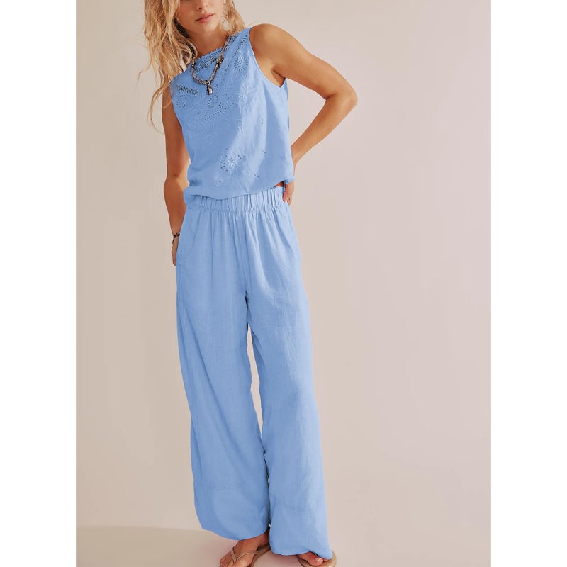 SeeLuNa Linen Pants for Women Cotton Baggy Boho Casual Palazzo Pants Wide Leg Long Lounge Trousers with Pockets(Sky-Blue,XS) - Image 5