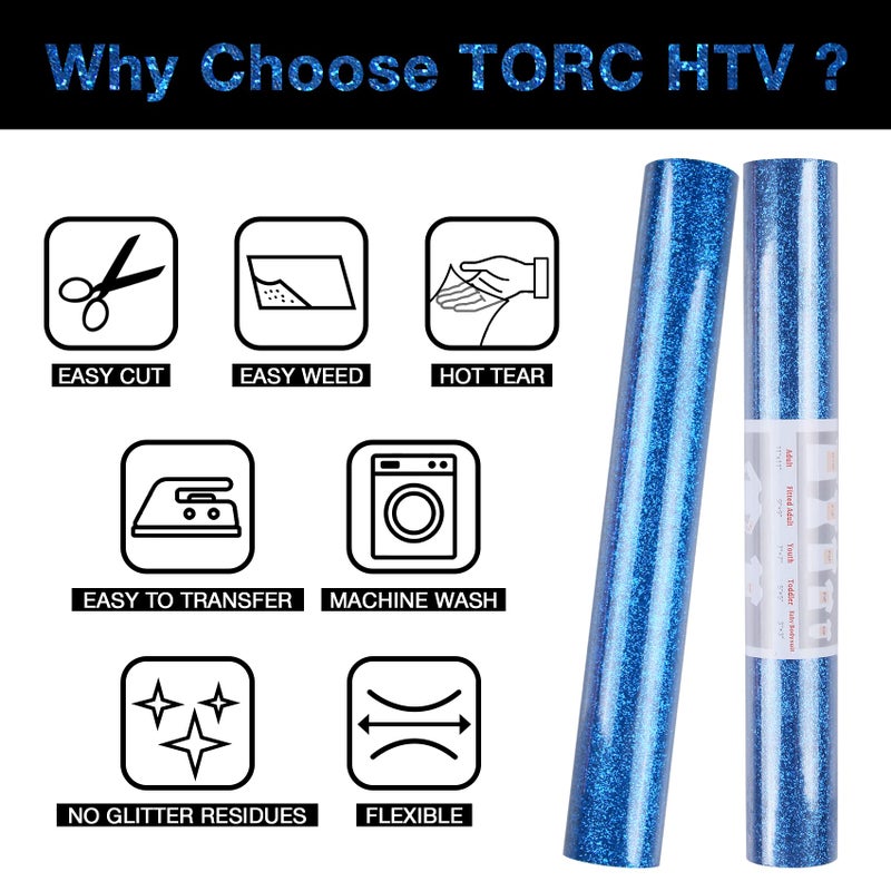 TORC Royal Blue Glitter HTV Heat Transfer Vinyl Roll 12 inch x 5 ft Iron on Vinyl for T Shirts Crafts - Image 3