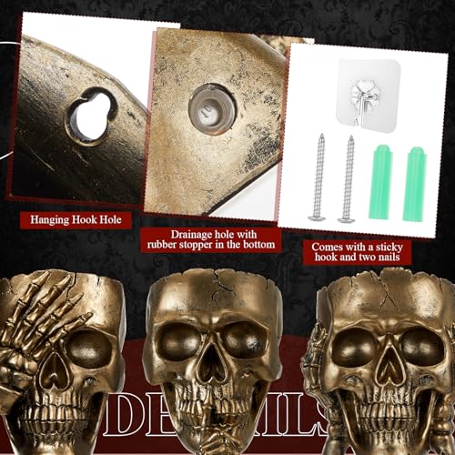 RimCereal 3 Pcs Skull Planter Skeleton Wall Hanging Planter Pot Gothic Spooky Head Face Flower Pot Garden Decor for Festival Party Indoor Outdoor Plants Home Garden Office Decorations(Gold) - Image 3
