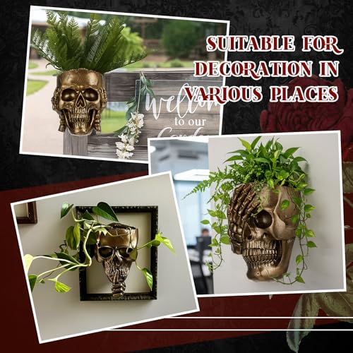 RimCereal 3 Pcs Skull Planter Skeleton Wall Hanging Planter Pot Gothic Spooky Head Face Flower Pot Garden Decor for Festival Party Indoor Outdoor Plants Home Garden Office Decorations(Gold) - Image 5