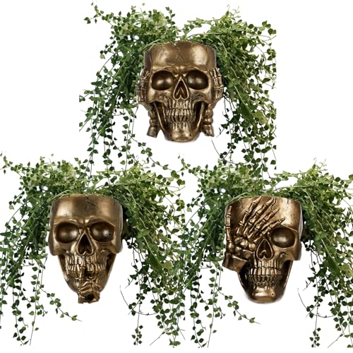 RimCereal 3 Pcs Skull Planter Skeleton Wall Hanging Planter Pot Gothic Spooky Head Face Flower Pot Garden Decor for Festival Party Indoor Outdoor Plants Home Garden Office Decorations(Gold) - Image 1