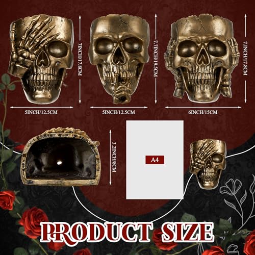 RimCereal 3 Pcs Skull Planter Skeleton Wall Hanging Planter Pot Gothic Spooky Head Face Flower Pot Garden Decor for Festival Party Indoor Outdoor Plants Home Garden Office Decorations(Gold) - Image 2