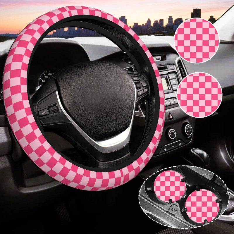 Gwwens Hot Pink Checkered Steering Wheel Cover for Women Universal Auto Steering Wheel 1415 Inch Car Interior Accessories with 2PCS Car Coasters Suitable for Men and Women - Image 3