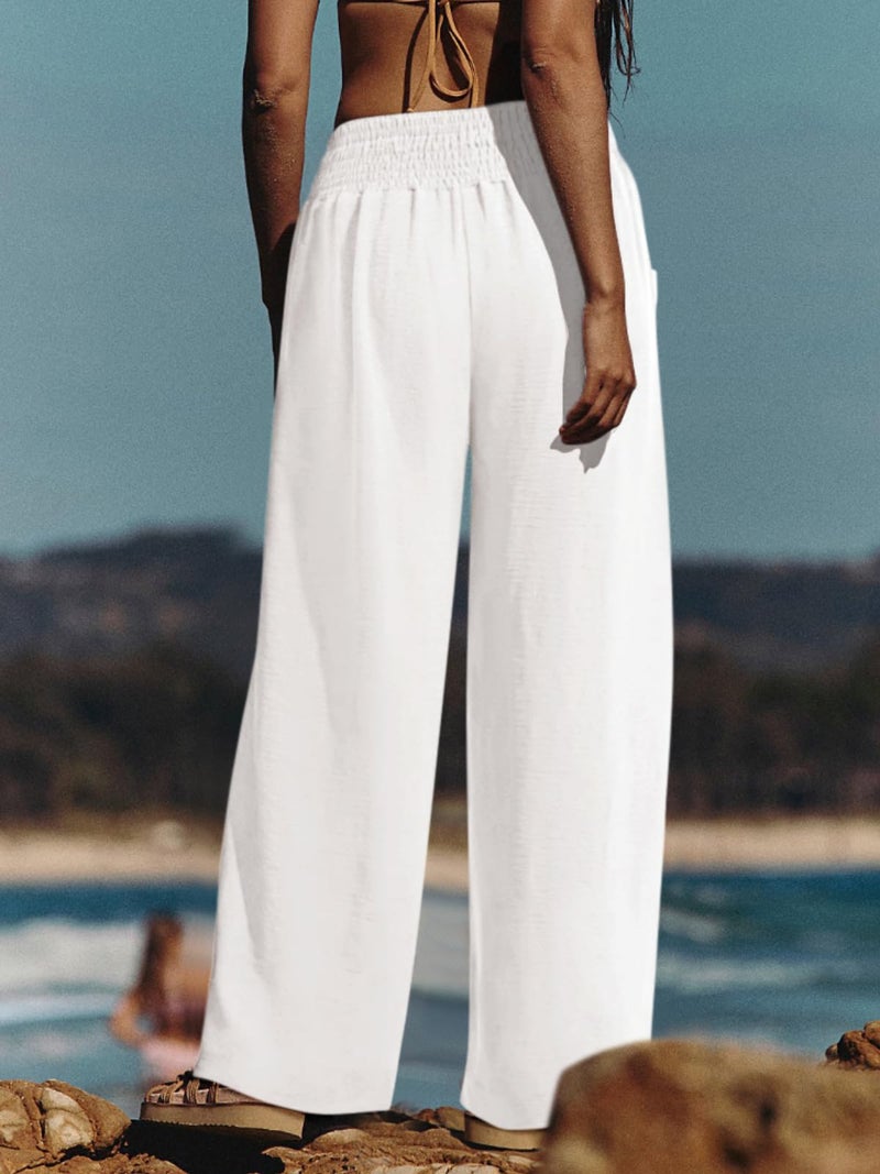 NIMIN Women Palazzo Pants Wide Leg High Waisted Pants White 2026 Summer Flowy Beach Vacation Travel Outfits with Pockets - Image 5