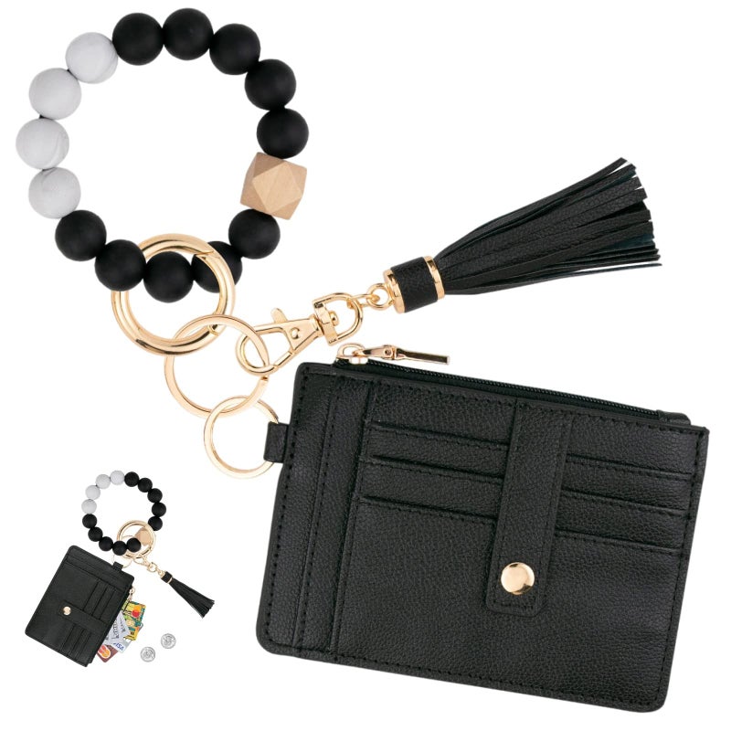 KNGITRYI Wallet Keychain Wristlet for Women,Slim RFID Credit Card Holder Purse Tassel Keychain Bangle Key Ring for Men Women(Black) - Image 1