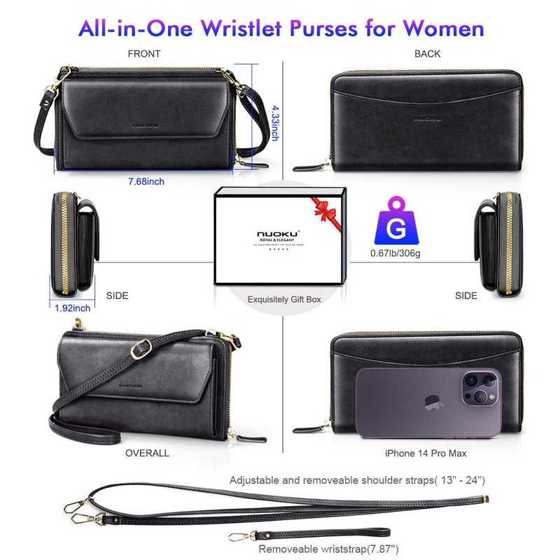 nuoku Womens RFID Wallet Purse Wristlet Crossbody Clutch with Zip Around 2 Strap - Image 4