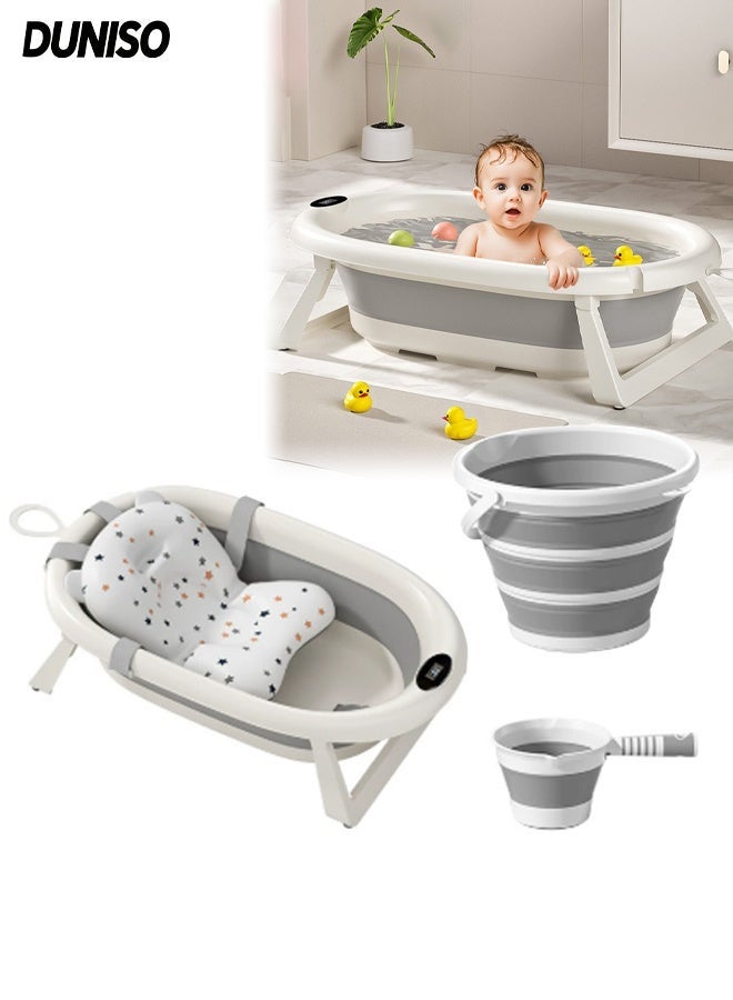 DUNISO 4 Pcs Baby Bath Tub Set for Kids, Compact Foldable Travel Baby Bath with Cushion Seat, Tub, Scoop & Bucket Kids Bath Tub with Anti-Skid Base, Wall Mountable Infant Bathtub, Space-Saving Bath for Travel, Shower & Small Bathrooms - Image 1