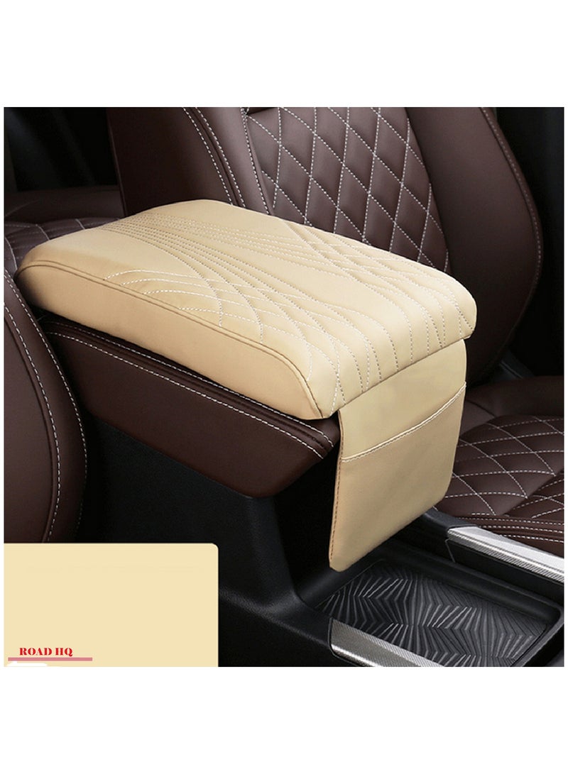ROAD HQ Car Armrest Cushion Car Center Console Cover Black Auto Arm Rest Pad Pu Leather Middle Console Protector Hand Rest Pillow for SUV Truck Vehicle Beige - Image 1