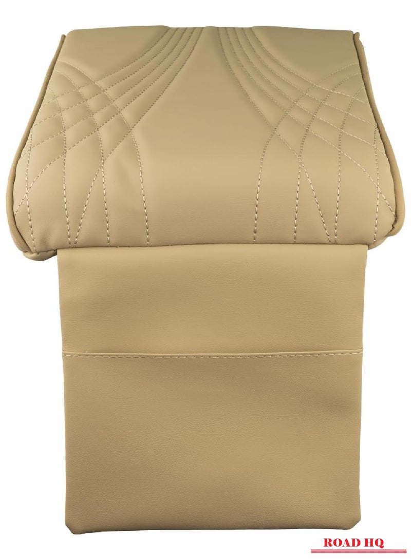 ROAD HQ Car Armrest Cushion Car Center Console Cover Black Auto Arm Rest Pad Pu Leather Middle Console Protector Hand Rest Pillow for SUV Truck Vehicle Beige - Image 3