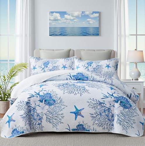 weesire Coastal Bedding King Size Coastal Quilt with 2 Shams Nautical Beach Comforter Sets Ocean Bedspreads Blue Starfish Coverlet Summer Bedding 96x106 - Image 1