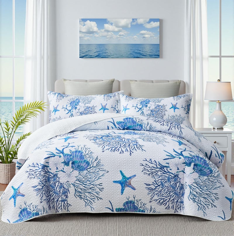 weesire Coastal Bedding King Size Coastal Quilt with 2 Shams Nautical Beach Comforter Sets Ocean Bedspreads Blue Starfish Coverlet Summer Bedding 96x106 - Image 2