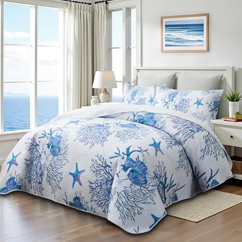 weesire Coastal Bedding King Size Coastal Quilt with 2 Shams Nautical Beach Comforter Sets Ocean Bedspreads Blue Starfish Coverlet Summer Bedding 96x106 - Image 3