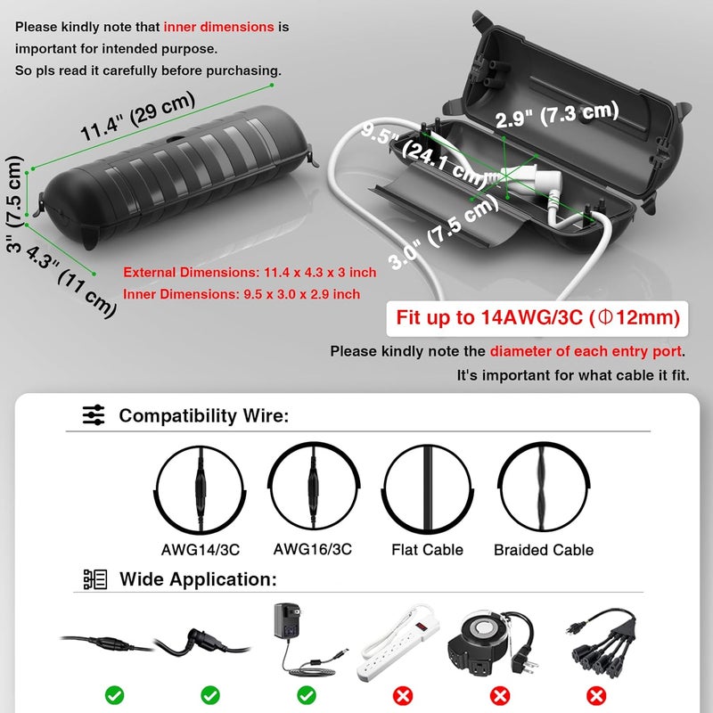 Flemoon Outdoor Extension Cord Safety Cover with Waterproof Protector Seal, Weatherproof Electrical Connection Box for Outdoor Outlets, Plugs, Sockets, Holiday Decorations, Power Tools, Black - Image 2