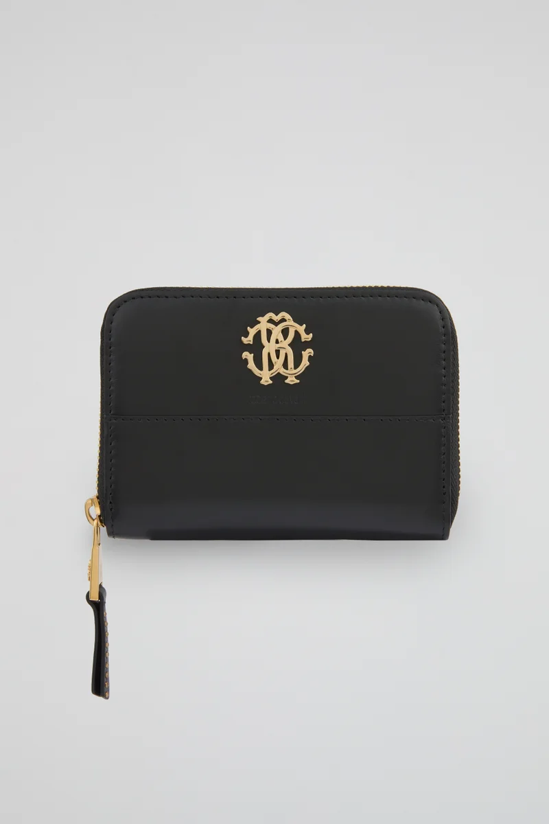 roberto cavalli Roberto Cavalli Black Zip-Around Wallet with Gold-Tone Logo