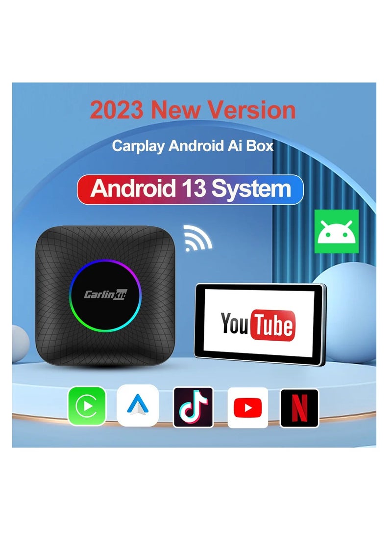 كار لينكيت - كارلينكيت أحدث صندوق Ai Box LED، أندرويد 13، كوالكوم 6225، 8 جيجابايت + 128 جيجابايت، دونجل لاسلكي للسيارة بنظام أندرويد أوتو 3 في 1، يأتي مع متجر جوجل بلاي، فقط للسيارة المزودة بنظام التشغيل السلكي - Image 1