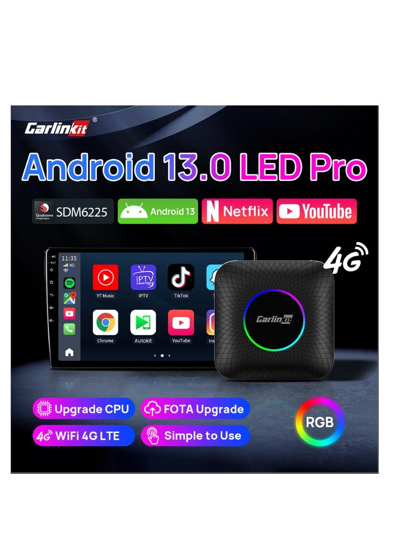 كار لينكيت - كارلينكيت أحدث صندوق Ai Box LED، أندرويد 13، كوالكوم 6225، 8 جيجابايت + 128 جيجابايت، دونجل لاسلكي للسيارة بنظام أندرويد أوتو 3 في 1، يأتي مع متجر جوجل بلاي، فقط للسيارة المزودة بنظام التشغيل السلكي - Image 1