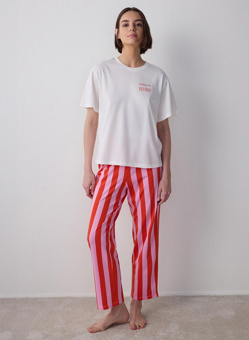 بنتي طقم بيجامة قطنية قصيرة الأكمام برقبة دائرية مخططة من مركان - Image 1