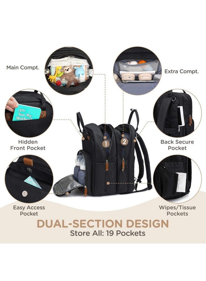 Qualyphant Large Diaper Bag Backpack for Two Kids Twins - Expandable Baby Bag (26-36L), Dual Big Compartments - Includes Changing Pad & Stroller Straps, Unisex Black - Image 3