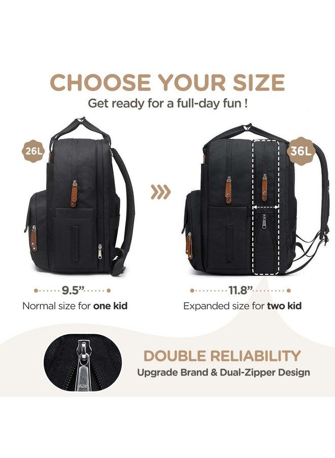Qualyphant Large Diaper Bag Backpack for Two Kids Twins - Expandable Baby Bag (26-36L), Dual Big Compartments - Includes Changing Pad & Stroller Straps, Unisex Black - Image 2