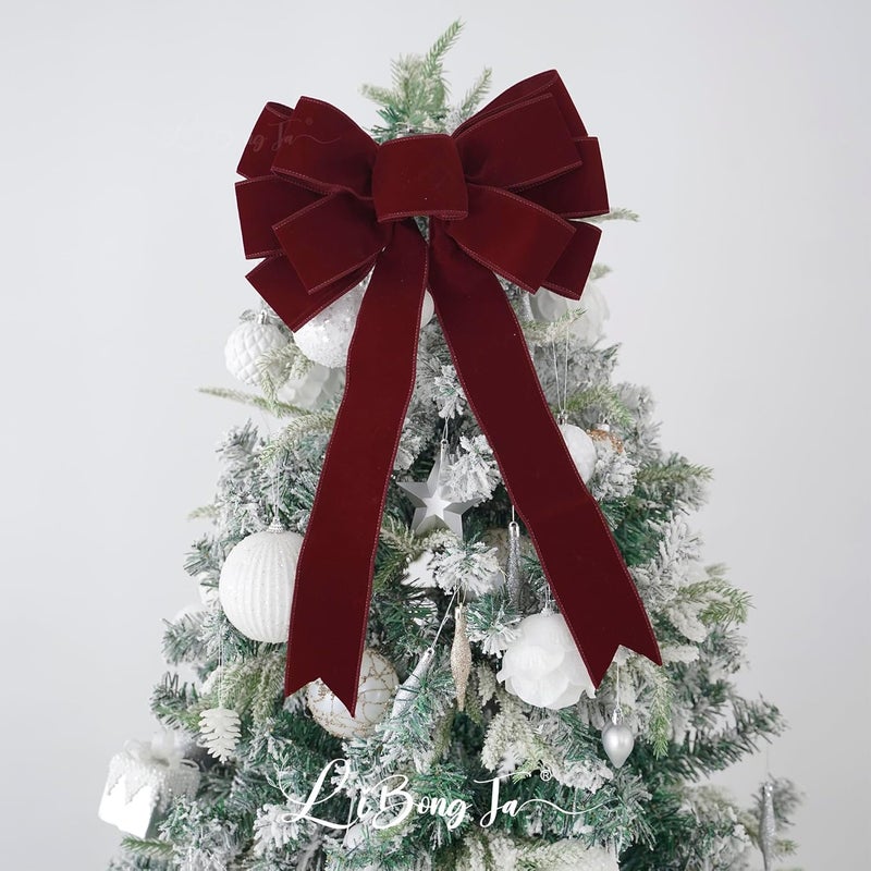 LiBongTa 13" Dark Red Bow Pre-Tied Bow for Christmas Tree, Burgundy Velvet Ribbon Bows for Wreaths, Premade Tree Toppers Bows for Gift Wrapping, Party Favor, Christmas Home Indoor Outdoor Decor-1 PCs - Image 5