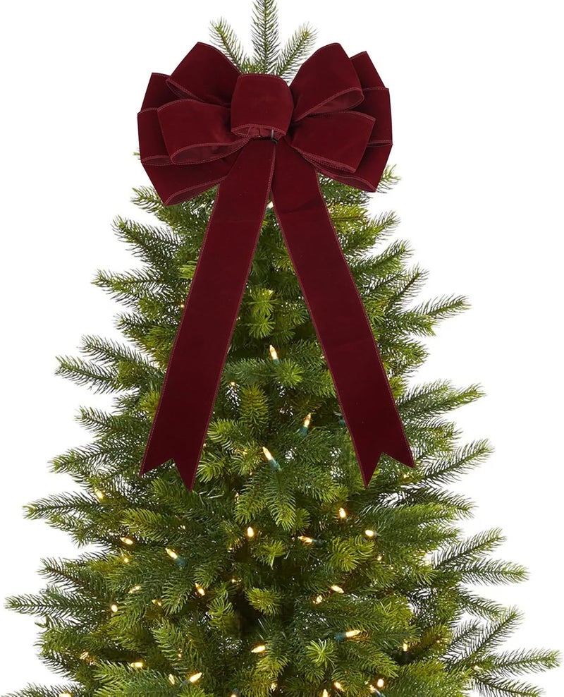 LiBongTa 13" Dark Red Bow Pre-Tied Bow for Christmas Tree, Burgundy Velvet Ribbon Bows for Wreaths, Premade Tree Toppers Bows for Gift Wrapping, Party Favor, Christmas Home Indoor Outdoor Decor-1 PCs - Image 1