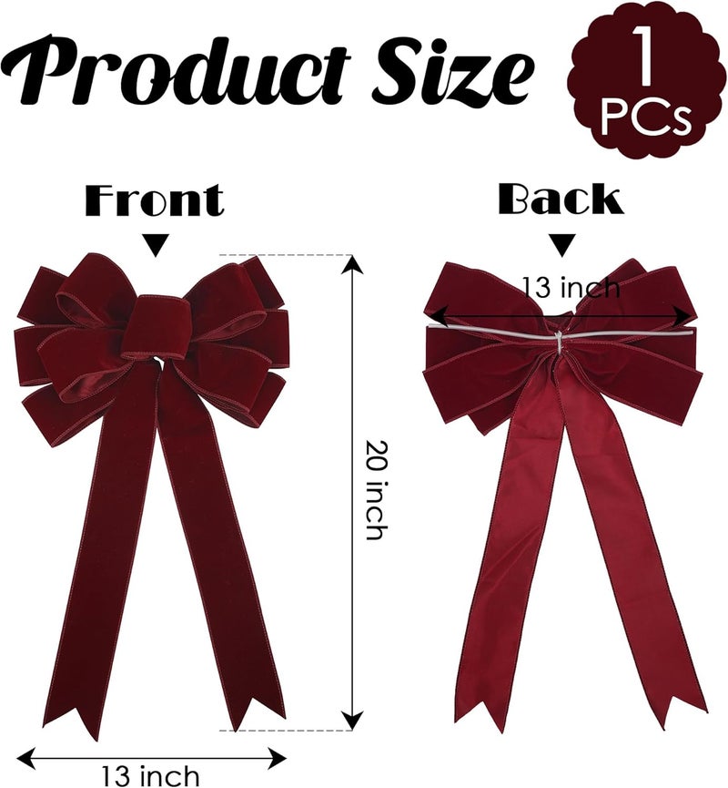 LiBongTa 13" Dark Red Bow Pre-Tied Bow for Christmas Tree, Burgundy Velvet Ribbon Bows for Wreaths, Premade Tree Toppers Bows for Gift Wrapping, Party Favor, Christmas Home Indoor Outdoor Decor-1 PCs - Image 2