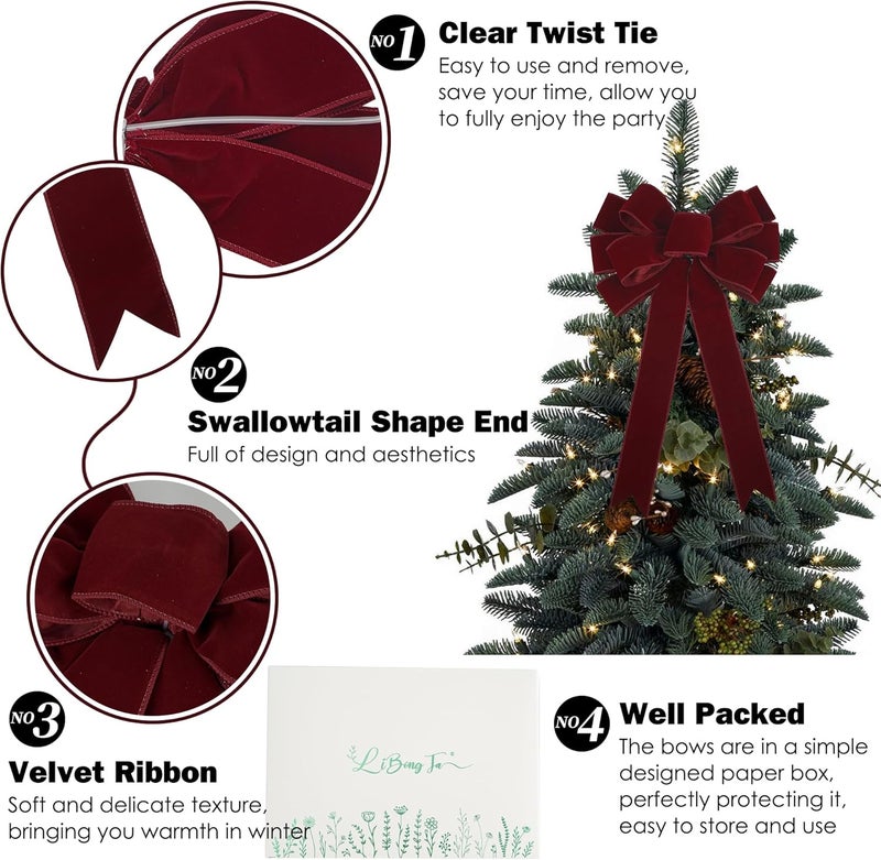 LiBongTa 13" Dark Red Bow Pre-Tied Bow for Christmas Tree, Burgundy Velvet Ribbon Bows for Wreaths, Premade Tree Toppers Bows for Gift Wrapping, Party Favor, Christmas Home Indoor Outdoor Decor-1 PCs - Image 3