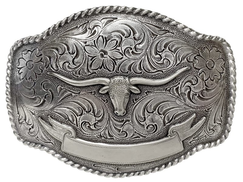 Belts.com HA0435 Antique Silver Longhorn Steer Engraved Western Rope Belt Buckle (Antique Silver) - Image 1