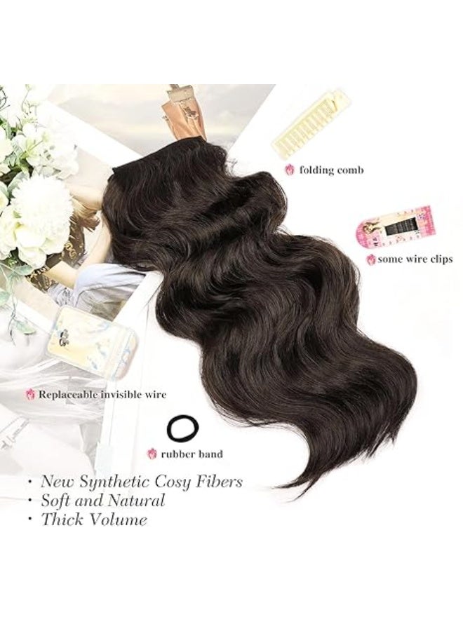Invisible Wire Hair Extensions - 20 Inch Dark Brown Long Wavy Synthetic Hairpiece with Transparent Wire Adjustable Size - Image 2