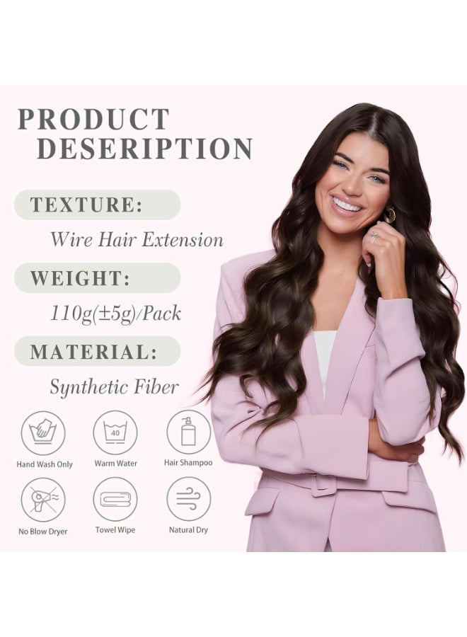 Invisible Wire Hair Extensions - 20 Inch Dark Brown Long Wavy Synthetic Hairpiece with Transparent Wire Adjustable Size - Image 3