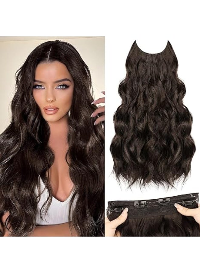 Invisible Wire Hair Extensions - 20 Inch Dark Brown Long Wavy Synthetic Hairpiece with Transparent Wire Adjustable Size - Image 1