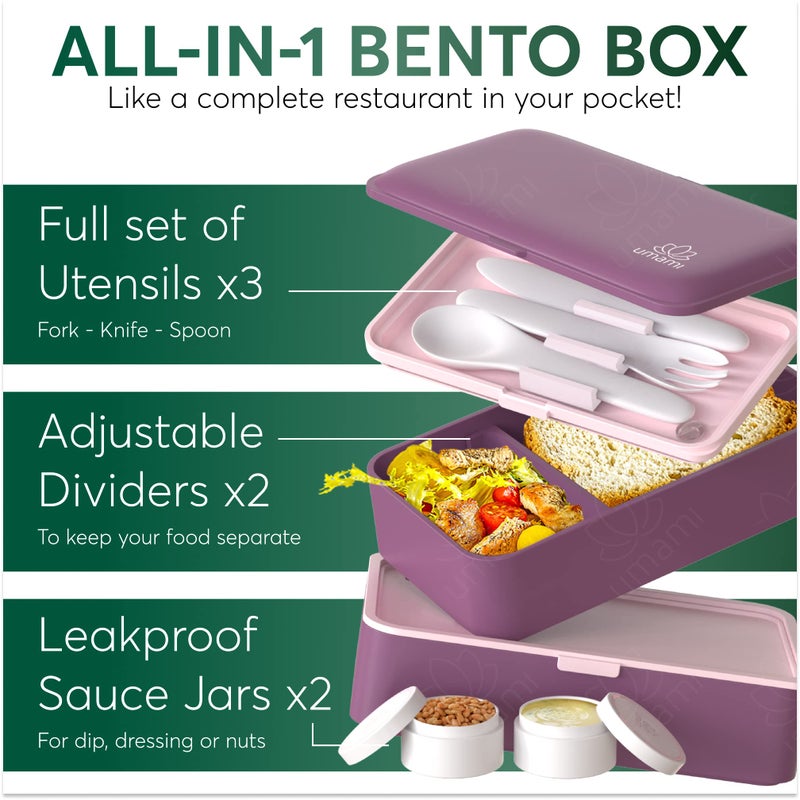 Umami Bento Box Adult All-In-1 that is 100% Leakproof & Super Easy to Clean, Stylish Lunch Containers for Adults w/ 4 Compartments, Microwave Safe Lunch Box Containers, Purple - Image 3