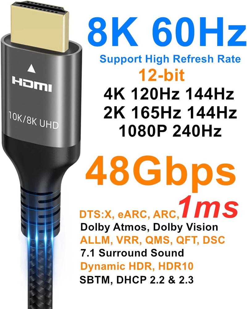Ubluker كابل HDMI من بدقة 10K و8K و4K، بسرعة نقل بيانات 48 جيجابت في الثانية، طول 0.5 متر؛ معتمد ككابل HDMI عالي السرعة (Ultra High Speed HDMI®)، يدعم دقة 4K وترددات 240 هرتز و144 هرتز و8K و60 هرتز، وزمن استجابة قدره 0.01 مللي ثانية، وتقنيات HDR10+ وeARC وHDCP2.3؛ متوافق مع أجهزة Netflix وRoku وأجهزة التلفاز وشاشات الكمبيوتر وأجهزة المشاهدة وأجهزة البث وPS5 وXbox. - Image 3