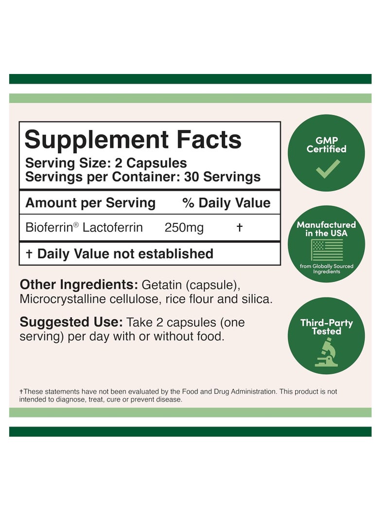Double Wood Supplements Lactoferrin Supplement for Iron Deficiency and Immune Support 125 mg 60 capsules - Image 2