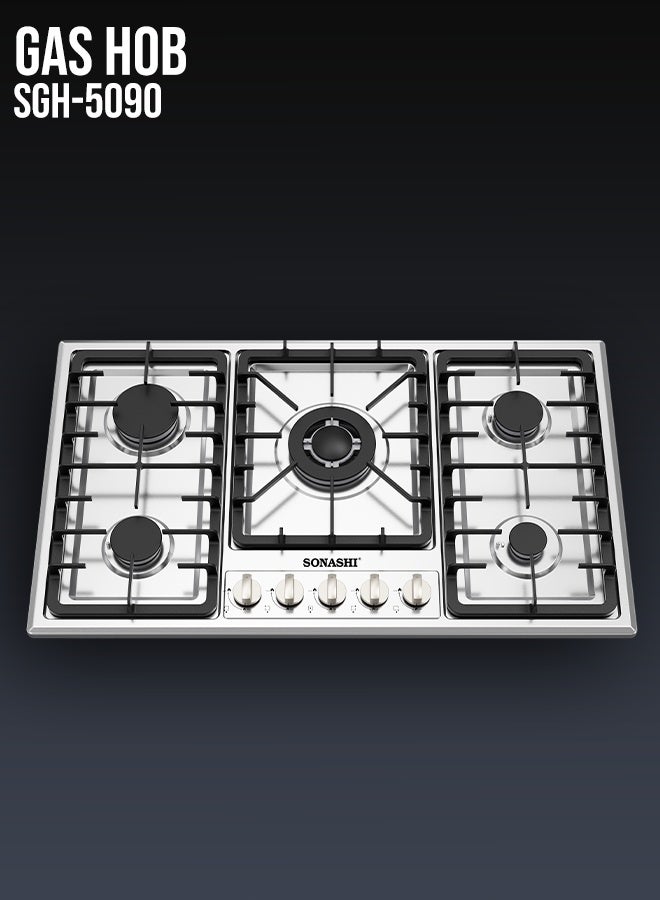 SONASHI 90cm Stainless Steel Gas Hob | with Front Control Panel, Cast Iron Pan Stands, Electric Ignition & Flame Failure Safety Device | European Design Burners for High Efficiency & Durable Performance | SGH-5090 5 SGH-5090 silver - Image 1