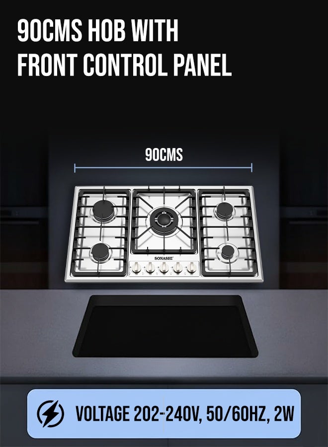 SONASHI 90cm Stainless Steel Gas Hob | with Front Control Panel, Cast Iron Pan Stands, Electric Ignition & Flame Failure Safety Device | European Design Burners for High Efficiency & Durable Performance | SGH-5090 5 SGH-5090 silver - Image 2