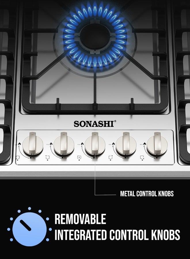 SONASHI 90cm Stainless Steel Gas Hob | with Front Control Panel, Cast Iron Pan Stands, Electric Ignition & Flame Failure Safety Device | European Design Burners for High Efficiency & Durable Performance | SGH-5090 5 SGH-5090 silver - Image 3