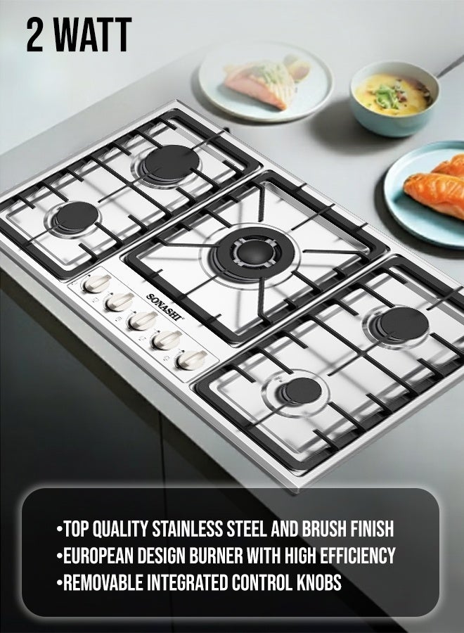 SONASHI 90cm Stainless Steel Gas Hob | with Front Control Panel, Cast Iron Pan Stands, Electric Ignition & Flame Failure Safety Device | European Design Burners for High Efficiency & Durable Performance | SGH-5090 5 SGH-5090 silver - Image 4