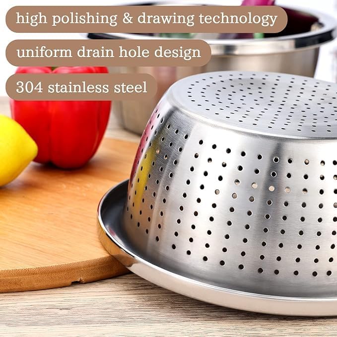 SHREESAMP Strainer Stainless Steel Kitchen Drainer Basket for Washing Rice Vegetables Fruits Salad Mixing Food Prep Silver Mesh Strainer MicroPerforated Metal Countertop Grain Basket Grater - Image 2