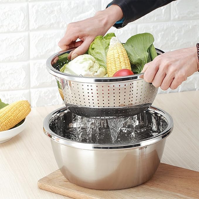 SHREESAMP Strainer Stainless Steel Kitchen Drainer Basket for Washing Rice Vegetables Fruits Salad Mixing Food Prep Silver Mesh Strainer MicroPerforated Metal Countertop Grain Basket Grater - Image 5