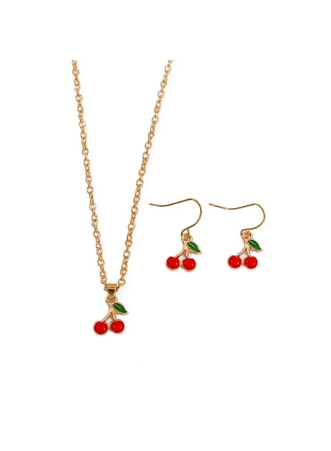 Goolsky Hot Style Cherry Necklace & Earrings Set – Alloy Fruit Pendant, Cherry Matching Set, Summer/Daily Wear/Gifting, Cute Sweet Style