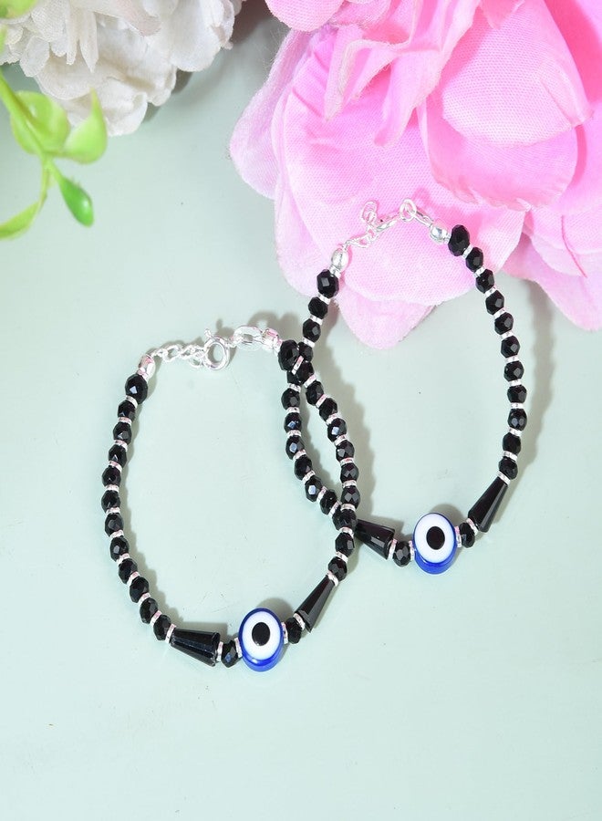 DHRUVS COLLECTION 925 Pure Sterling Silver Evil Eye Nazariya Black & Silver Beads Bracelet for Kids - Image 3